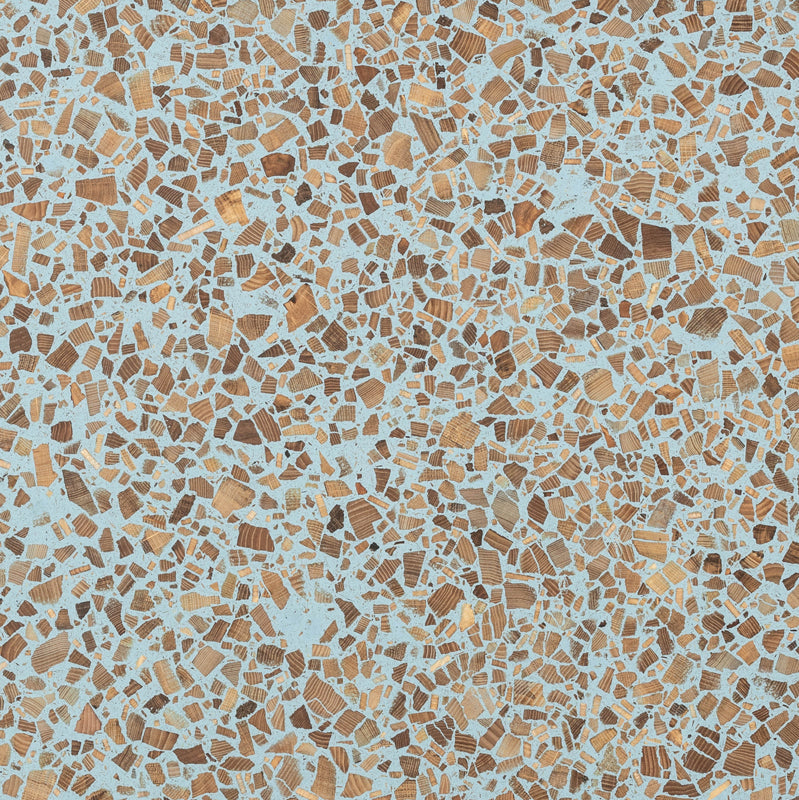Surface detail of Foresso timber terrazzo with a blue binder and Oak wood chips.